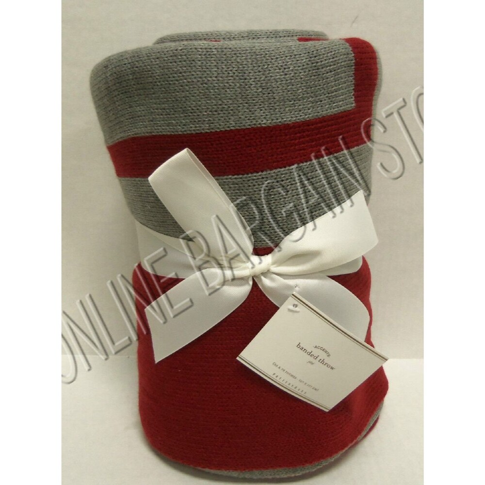Pottery Barn Banded Throw Blanket Knit Cardinal Red Heather Gray Ohio State OSU